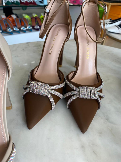 Rhinestone Embedded Pointy Ankle Strap Heels